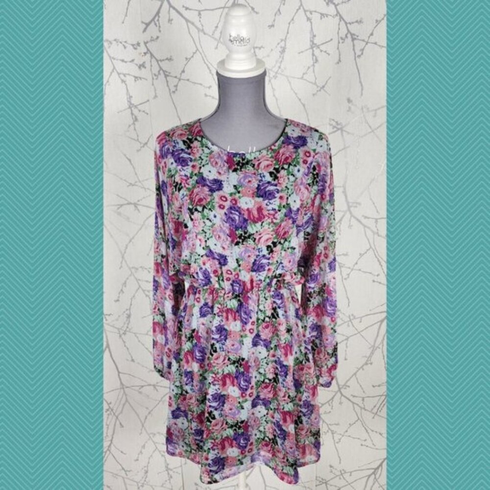 WAYF Pink Colorful Floral Chiffon Overlay Round Neck Mini Dress